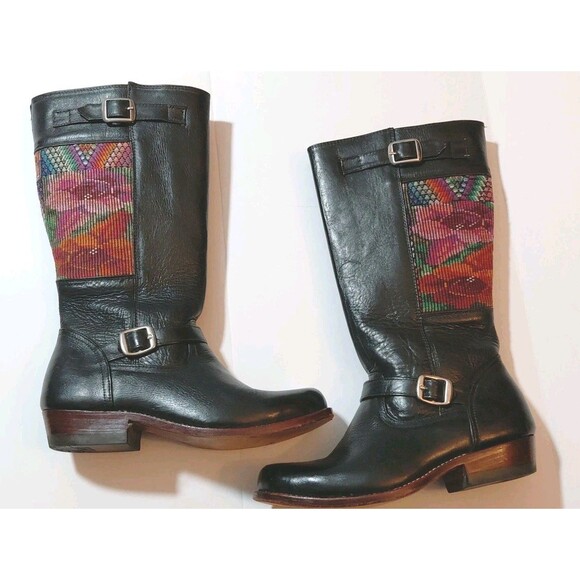 Women's 9.5-10 Calf Length Strap Buckle Tapestry Accent Black Leather Zip Boots - Picture 1 of 8